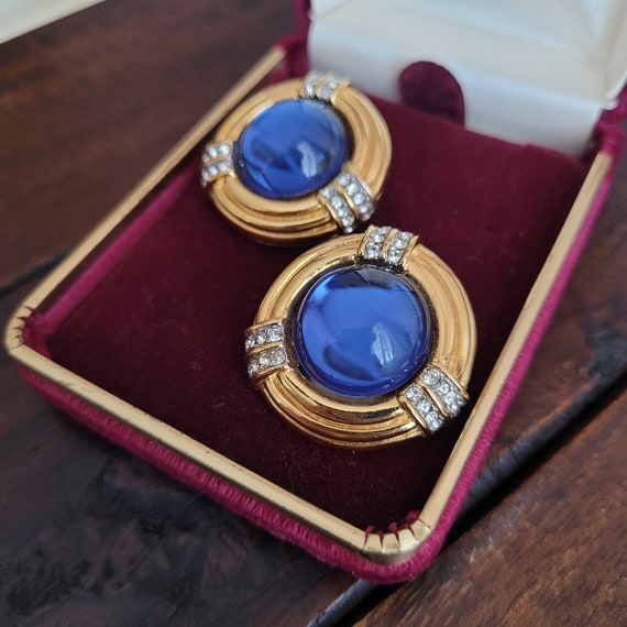 Vintage gold tone clip on earrings with cobalt bl… - image 3