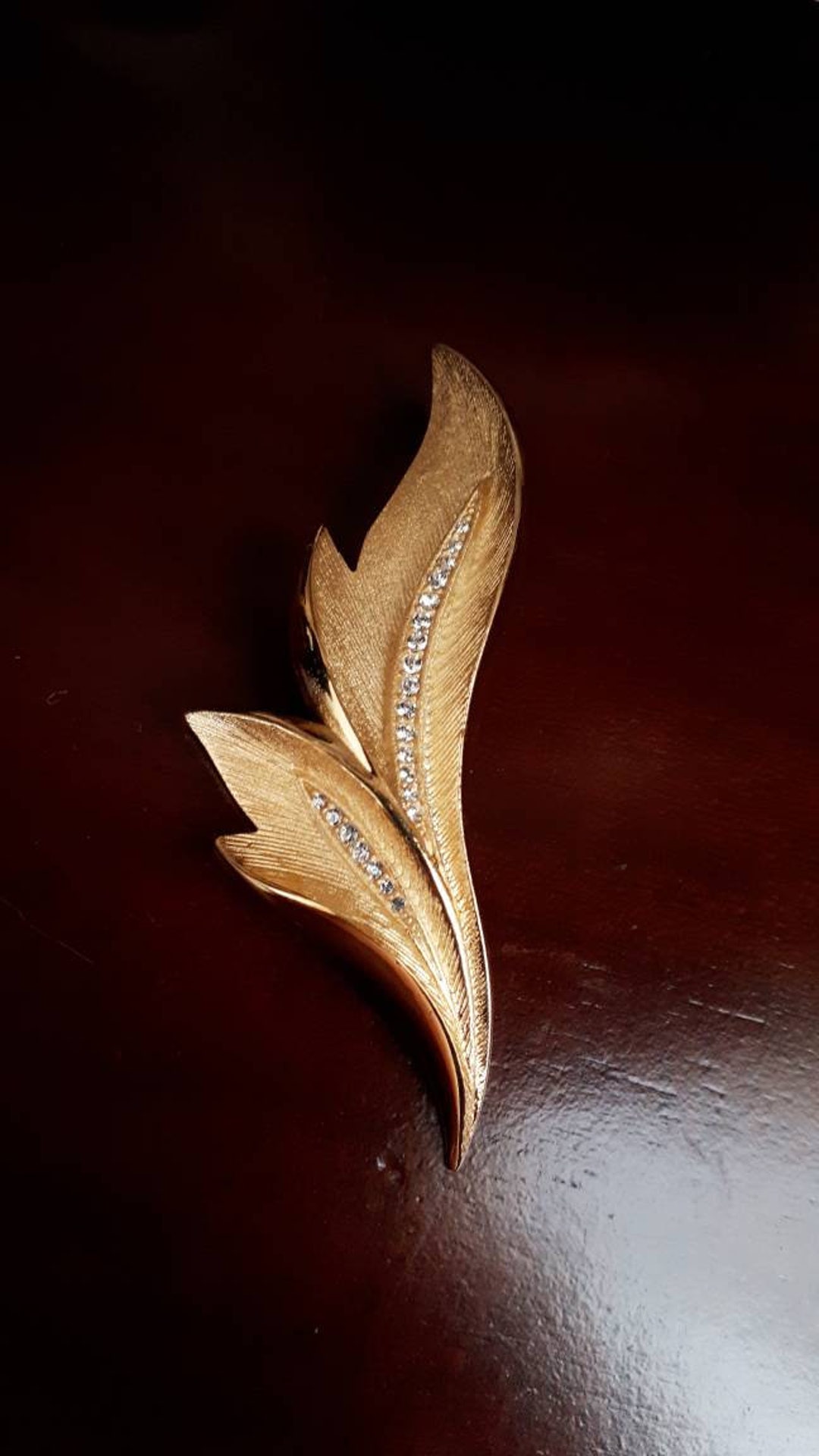 Vintage Gold Tone Leaf Shape Pin Brooch With Crystals. Gift Etsy UK