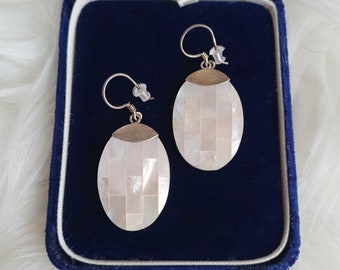 vintage sterling silver and mother of pearl dangle drop pierced earrings. Marked. Gift idea