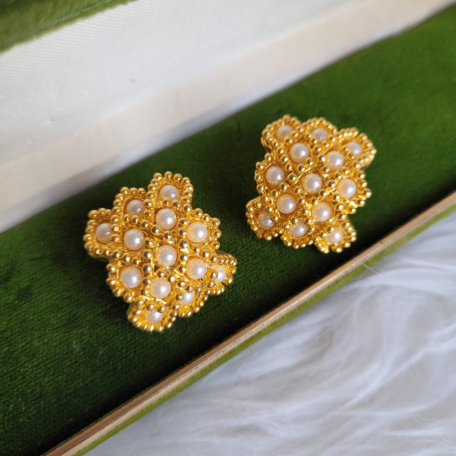 Clips D'oreilles Anciens à Perles Jaunes Et Dorées - Style Vintage, Fermoir Clip, En Alliage