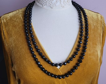Extra long black glass beaded necklace. Gift idea.