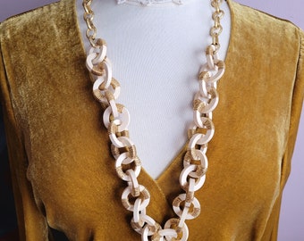 Dikke houten schakelketting: lange goudkleurige ketting, 33"