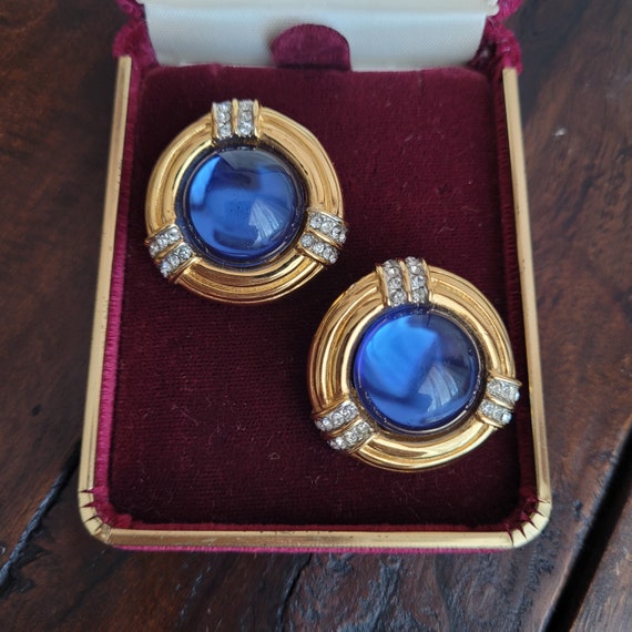 Vintage gold tone clip on earrings with cobalt bl… - image 2