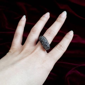 Silver Tone Statement Ring With Black Rhinestones Size 8. Gift Idea.
