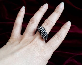 Silver Tone Statement Ring With Black Rhinestones Size 8. Gift Idea.