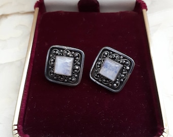 Boucles d'oreilles vintage en argent sterling avec pierre de lune : design carré