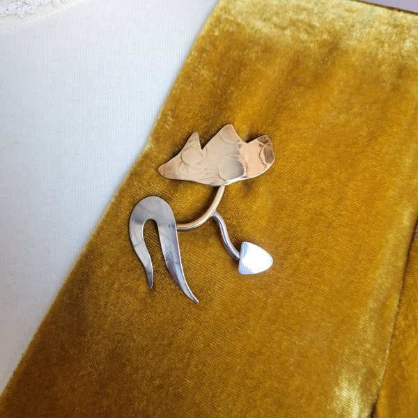 Vintage modernist looking brass and silver tone metal figural pin brooch. A fox or a cat. Cat pin. Gift idea. Unisex brooch
