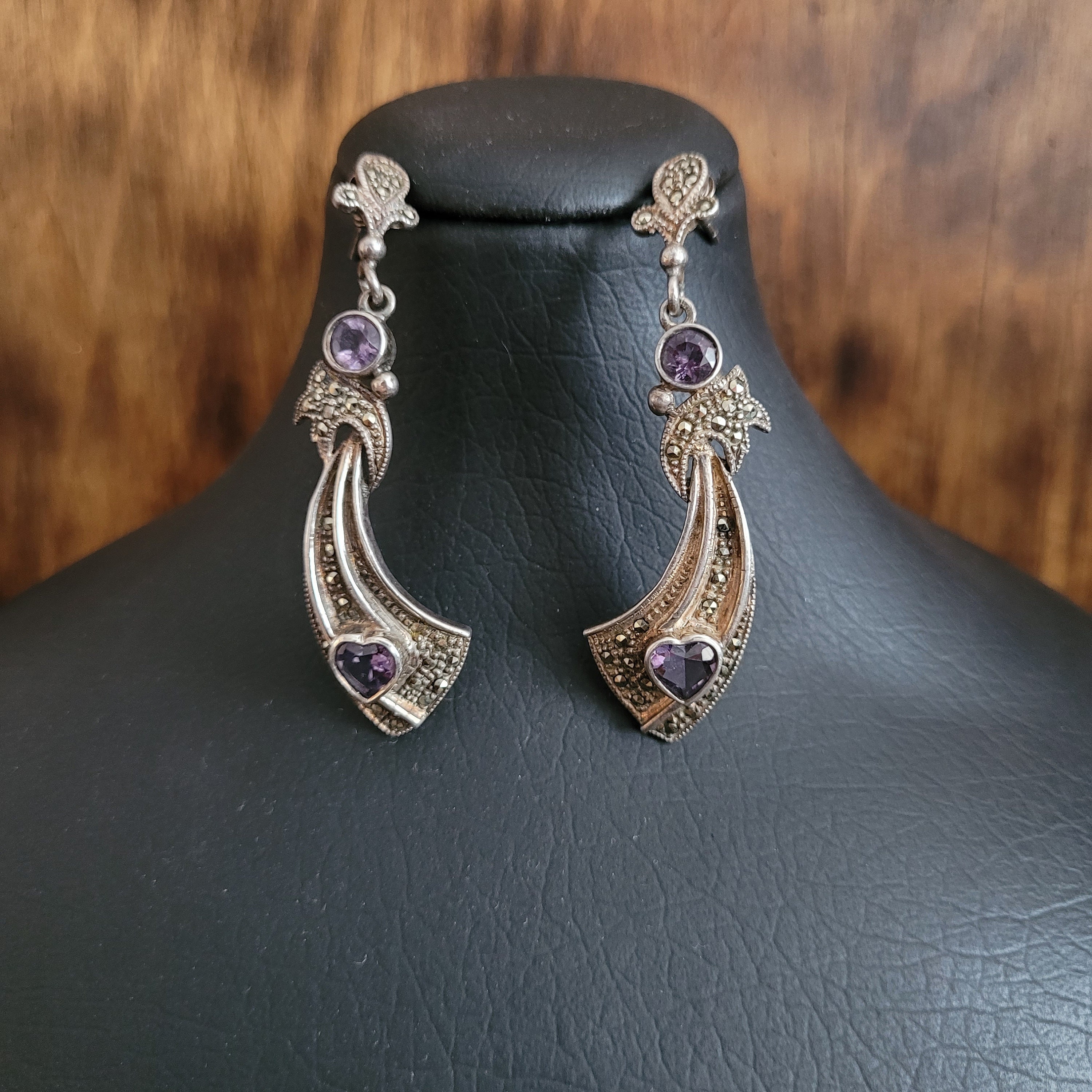 Boucles D'oreilles Coeur En Argent 925, Marcassite & Verre Améthyste - NEUF