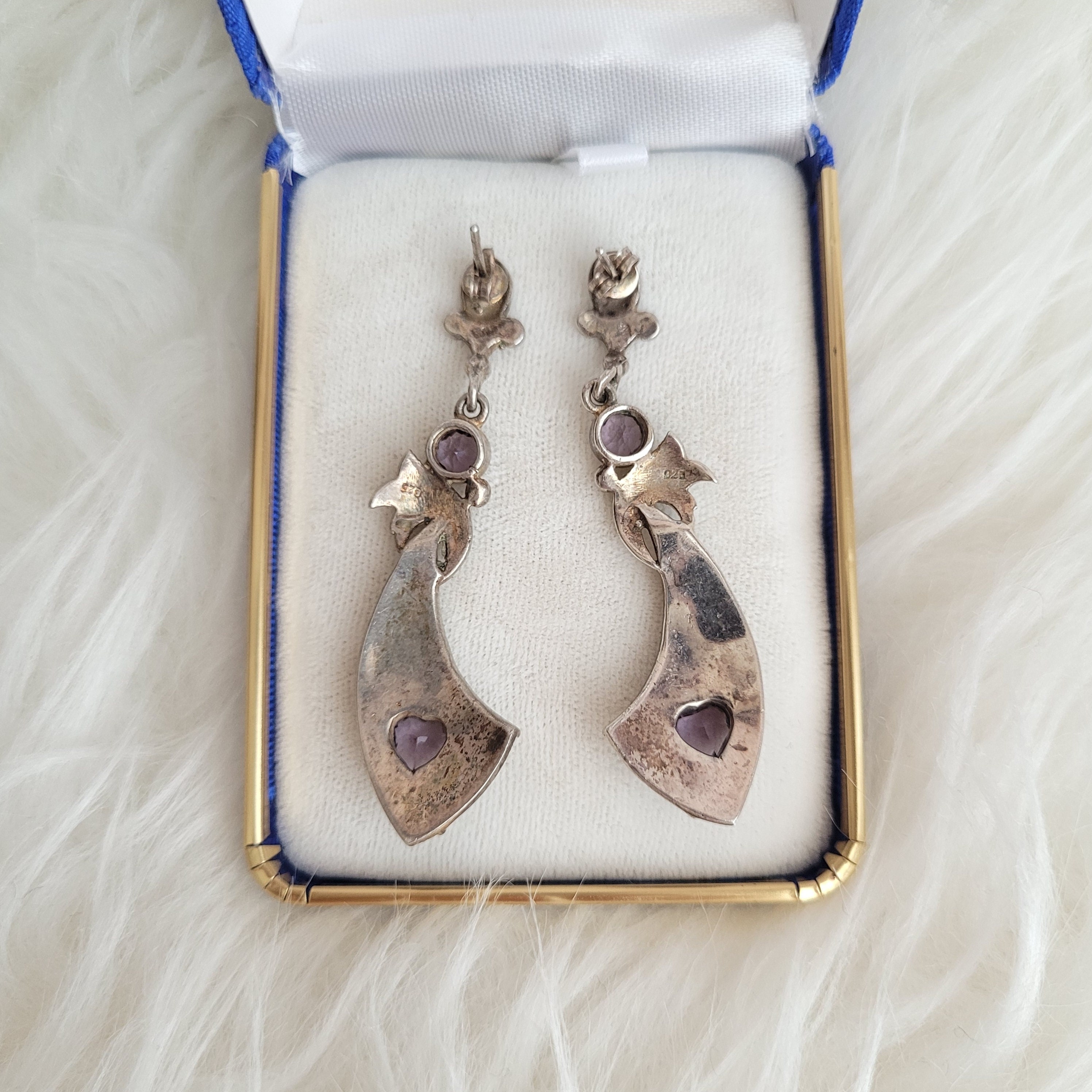 Boucles D'oreilles Cœur En Argent 925 Avec Marcassite Et Verre Améthyste – Style Goutte Pendante