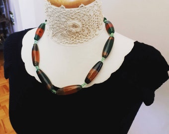 Vintage red and green long agate stones necklace. Gift Idea. Gemstone necklace.