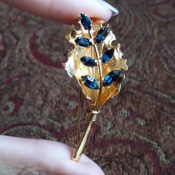 Vintage Bond Boyd Sterling Silver Vermeil Leaf Pin Brooch with Blue Stones. Signed by Bond Boyd. Gift Idea