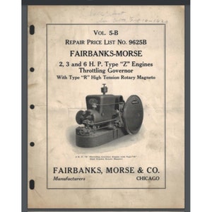Pode incluir: Uma imagem em preto e branco de um motor Fairbanks-Morse tipo "Z" com um governador de aceleração e um magneto rotativo de alta tensão tipo "R". A imagem é de uma lista de preços de reparo datada de 1920.