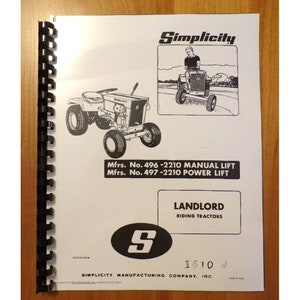 May include: Black and white illustration of a Simplicity Landlord riding tractor with the text "Mfrs. No. 496-2210 MANUAL LIFT" and "Mfrs. No. 497-2210 POWER LIFT" printed below the image. The text "LANDLORD RIDING TRACTORS" is printed below the image in a black rectangle. The Simplicity logo is printed below the text in a black circle.