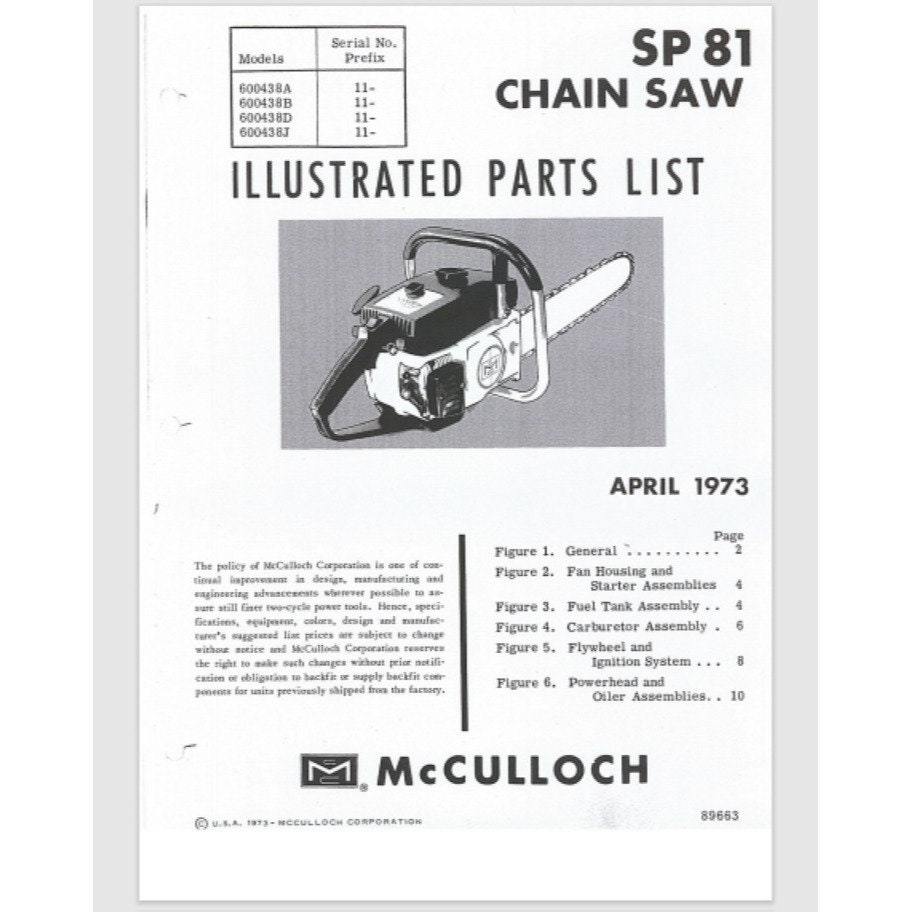 McCulloch Super Pro 81 Illustrierte Teileliste 1973 Explosionszeichnungen 11 Seiten