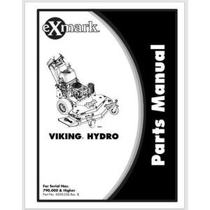 May include: A black and white diagram of a Viking Hydro lawn mower. The Exmark logo is at the top, with "VIKING. HYDRO" below the mower illustration. The text "Parts Manual" is on the right side. Includes serial and part numbers.