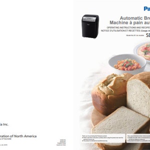 May include: A black Panasonic automatic bread maker with the model number SD-YR2500. The instruction manual is open to the English and French language pages. The image also shows a loaf of bread, a bowl of pasta, and a pizza.
