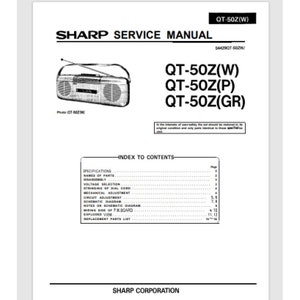Puede incluir: Un manual de servicio en blanco y negro para las radios Sharp QT-50Z(W), QT-50Z(P) y QT-50Z(GR). El manual incluye un índice de contenidos con secciones para especificaciones, nombres de las piezas, desmontaje, selección de voltaje, encordado de la perilla de sintonía, ajuste mecánico, ajuste del circuito, diagrama esquemático, notas sobre el diagrama esquemático, cableado del lado de la placa P, vista explotada y lista de piezas de repuesto.