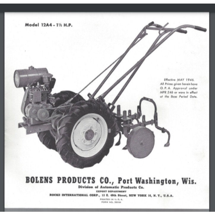 Bolens 2 Wheel Tractor 12a Owner &amp; Parts Manual 1946 8 Pages Comb Bound ...