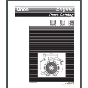 Pode incluir: Ilustração em preto e branco de um motor Onan com o texto "Engine Parts Catalog" e os números de modelo P216G, P218G, P220G, OL16, OL18, OL20, LX720, LX770, LX790.