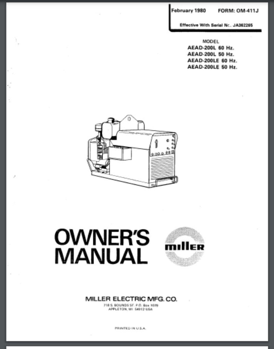 Miller AEAD200 200E 200L 200LE Welder Owner & Parts Manual 1980 COMB