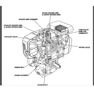 Pode incluir: Um diagrama detalhado de um motor de combustão interna de um cilindro de quatro tempos, mostrando as válvulas de admissão e escape, os balancins, o eixo de cames, o virabrequim, a correia de distribuição e outros componentes.