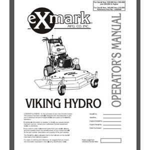 May include: Black and white illustration of a Viking Hydro riding lawnmower. The manual includes instructions for serial numbers 220,000 through 259,399 and 260,000 and higher. The manual also includes instructions for serial numbers 180,000 through 219,399. The reference part number is 1-850555.