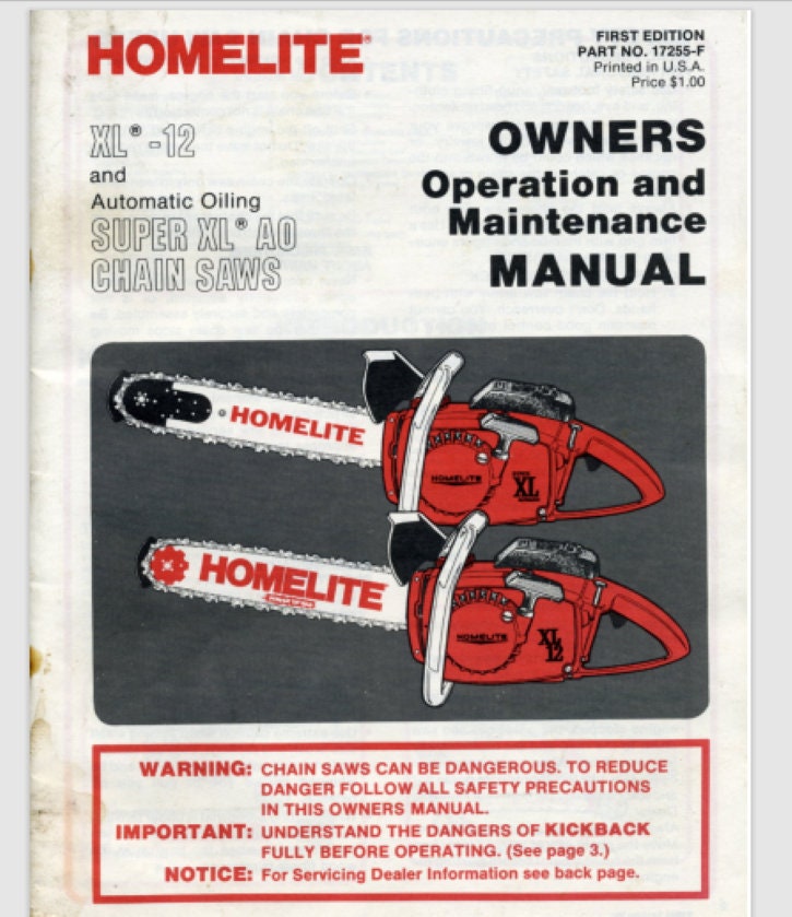 HOMELITE XL XL12 Xl 12 Series Chainsaw Owner and Maintenance Manual 40 Pages Comb Bound Gloss Covers Etsy