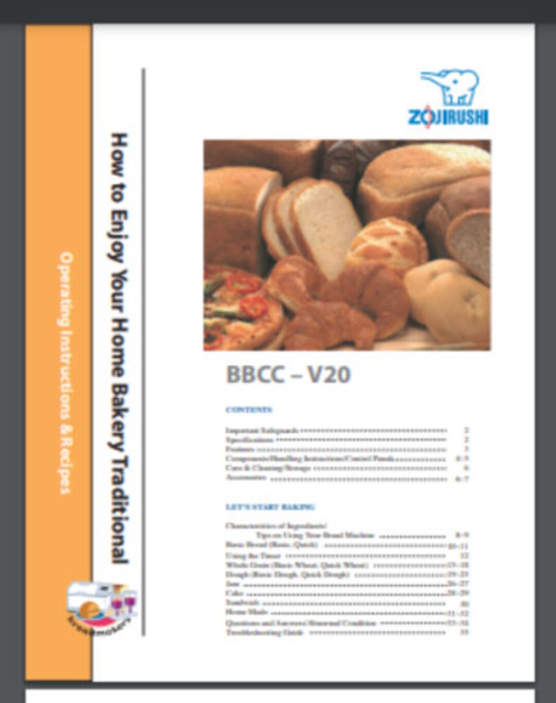Zojirushi BBCCV20 Breadmaker Owner Manual 35 Pages Comb Bound Gloss