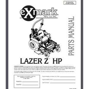 May include: Black and white line drawing of a lawn mower with the text "exmark MFG. CO. INC." and "LAZER Z HP" on the page. The title "PARTS MANUAL" is on the right side of the page.