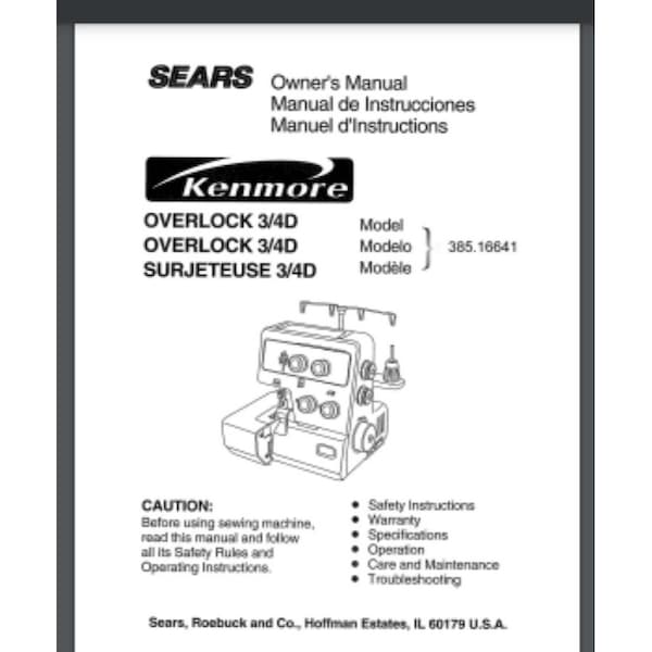 Sears Kenmore Overlock 3/4D Sewing Serger 385.16641 Owner's Manual 96 PAGES