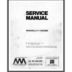 Pode incluir: Manual de serviço em preto e branco para um motor Minarelli V1. A capa apresenta o título "SERVICE MANUAL" em letras grandes e em negrito e o texto "MINARELLI V1 ENGINE" em letras menores abaixo. As informações de direitos autorais na parte inferior da página dizem "1978 Minarelli U.S.A. Inc. All Rights Reserved. No part of this work may be reproduced without the express written permission of the Copyright Holder."