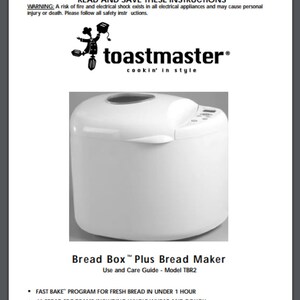 May include: A white Toastmaster Bread Box Plus bread maker with a digital display. The image includes the text "Read and Save These Instructions" and key features like a fast bake program and a 13-hour delay timer.