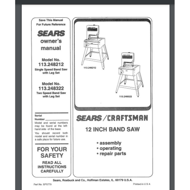 Sears Craftsman 12 Inch Band Saw 113.48212 Instruction Owner Parts