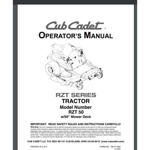 Cub Cadet RZT 50 Lawn Mower Operator s Manual 32 Pages RTZ Series Comb Bound Etsy