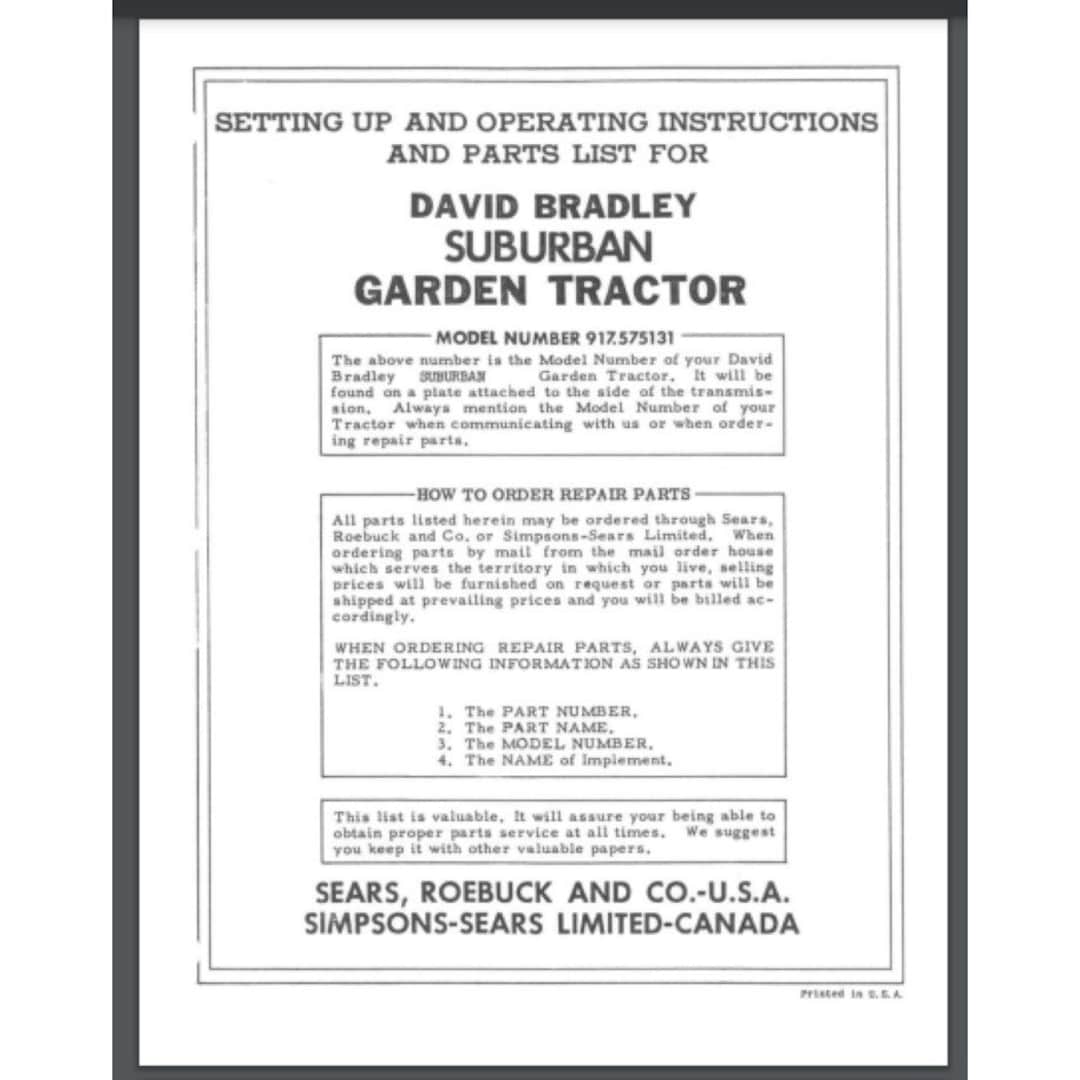 David Bradley Suburban Garden Tractor Operating Set up Manual 917. ...