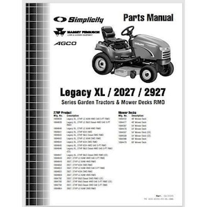 May include: A parts manual for Simplicity Legacy XL, 2027, and 2927 series garden tractors and mower decks. The manual lists the model numbers and descriptions for 27HP products and mower decks. A photo of a green and black Simplicity Legacy XL tractor is shown.
