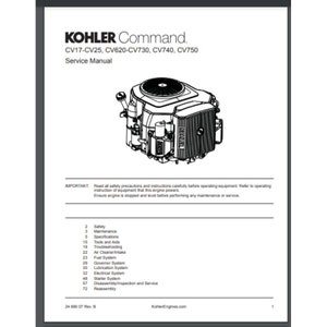 Pode incluir: Ilustração em preto e branco de um motor Kohler Command. A imagem é de um manual de serviço para os motores CV17-CV25, CV620-CV730, CV740, CV750. O manual inclui informações sobre segurança, manutenção, especificações, ferramentas e auxílios, resolução de problemas, admissão de ar do filtro de ar, sistema de combustível, sistema de governador, sistema de lubrificação, sistema elétrico, sistema de partida, desmontagem, inspeção e serviço, e remontagem.