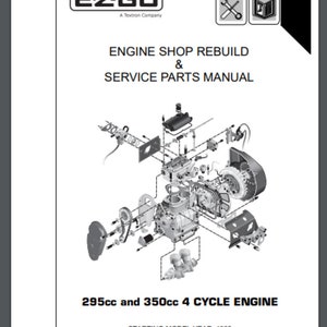 May include: A black and white exploded diagram of a 295cc and 350cc 4 cycle engine. The diagram shows the parts of the engine in detail, including the carburettor, the cylinder head, the crankshaft, and the pistons. The text "27615-G01" is in the top right corner of the image. The text "EZGO" is in the top left corner of the image. The text "Engine Shop Rebuild & Service Parts Manual" is in the centre of the image. The text "Starting Model Year: 1992" is in the bottom centre of the image. The text "Revised: 08/04" is in the bottom centre of the image.