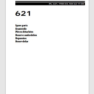 Könnte beinhalten: Schwarzweißes Jonsered-Servicehandbuch für Modell 621. Das Handbuch ist datiert 1984-03 und hat die Servicenummer 18400002. Der Text auf der Seite enthält die Wörter "Spare parts", "Ersatzteile", "Pièces détachées", "Reserve onderdelen", "Repuestos" und "Reservdelar".