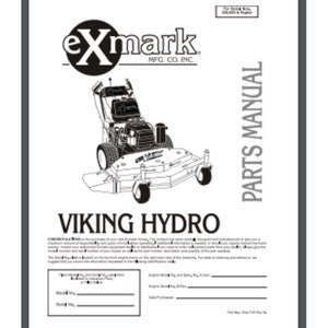 May include: Black and white illustration of a Viking Hydro riding lawnmower. The image is from an Exmark Parts Manual. The text "Viking Hydro" is below the image.