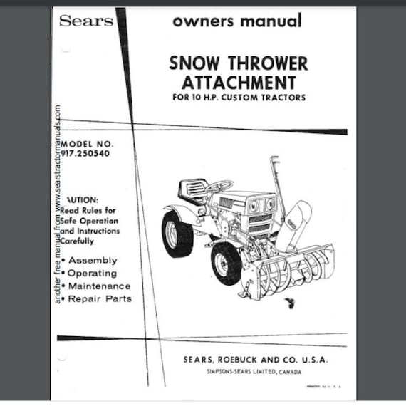 Sears Tractor Snow Blower Manual Parts List to 10 HP
