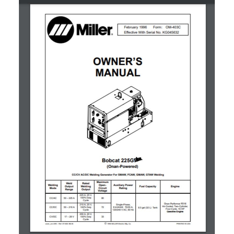 miller bobcat 225g parts diagram common faults diagnoses - miller bobcat 225g parts diagram
