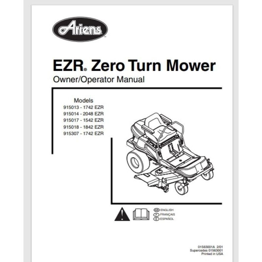 Ariens Zero Turn Mower ETR Series Year 2002 Owner Manual 34 Pages