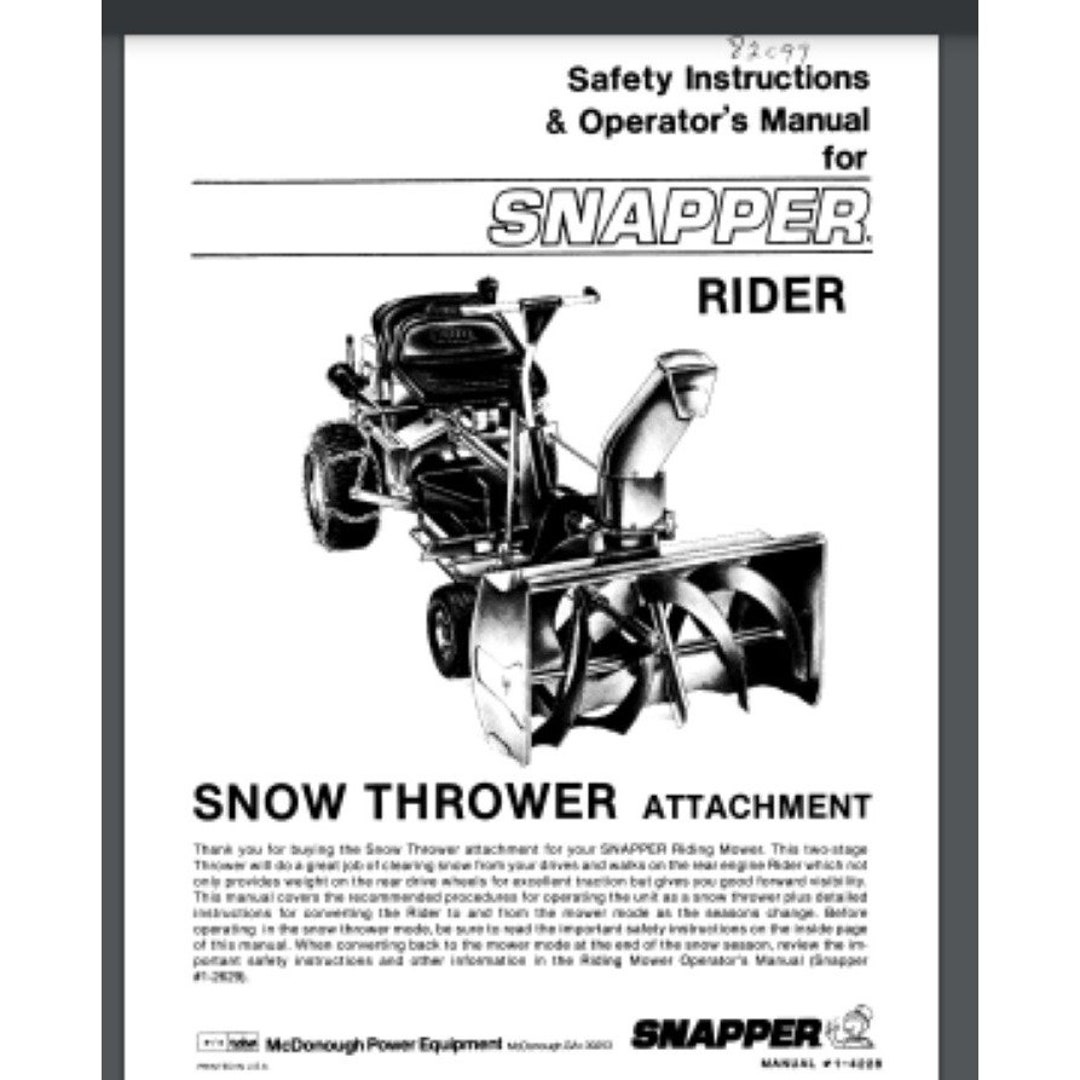Original Snapper Rider Snapper Rider Tractor 1-4228 Snow Blower User Manual 12 Pages Model ...
