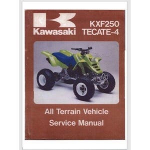May include: A Kawasaki KXF250 Tecate-4 All Terrain Vehicle Service Manual. The cover features a green and blue ATV with a Kawasaki logo.