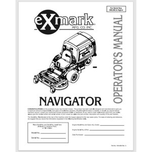 May include: Black and white line drawing of a riding lawnmower with the text "exmark MFG. CO. INC." and "NAVIGATOR" on the page. The text "OPERATOR'S MANUAL" is on the right side of the page. The text "For Serial Nos. 600,000 & Higher" is at the top of the page.