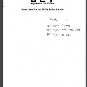 以下が含まれることがあります： 「JET EQUIPMENT & TOOLS」と「Parts Lists for the 3PGH Series Lathes」というテキストが書かれた白黒の文書。文書にはチャックのサイズと対応する部品番号がリストされています。