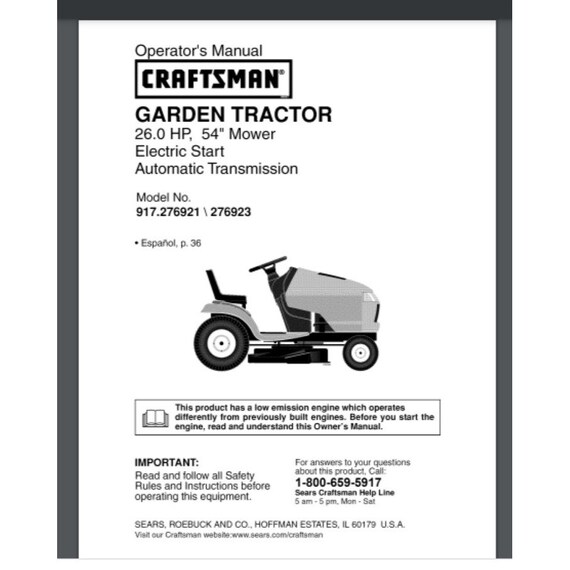 Sears Craftsman Tractor 917.276921 Owner Parts Manual 72 Pages 26 Hp 54 Inch Etsy Canada