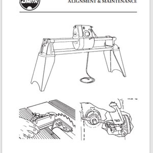 May include: Black and white line drawing illustration of a Shop Smith Mark V table saw with instructions for alignment and maintenance. The illustration shows the saw with the table removed and the motor and blade assembly exposed. The illustration also shows a close-up of the blade and the fence.