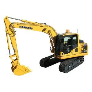 May include: A yellow Komatsu PC130 excavator with a black track system and a yellow digging arm. The excavator has a black cab with a large windshield and a black door.